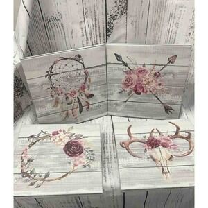 Boho Chic Wall Art Set Dreamcatcher Arrows Floral Skull Antlers Rustic‎ Wood